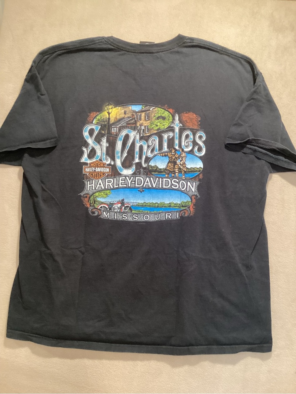 Harley-Davidson Black St. Charles Graphic Tee with Scenic Multi-Color Print